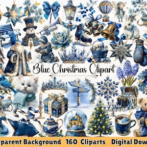 Blue Christmas Clipart, Watercolor Winter Holiday PNGs, Festive Ornaments, Digital Download, Scrapbooking, Commercial Use