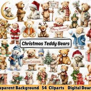 May include: A selection of Christmas teddy bear illustrations. The bears are depicted in festive outfits, such as Santa hats, scarves, and winter coats. Some bears hold signs with messages like "Merry Christmas" and "North Pole". The image includes the text "Christmas Teddy Bears".