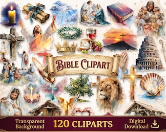 May include: A collection of watercolour-style religious illustrations featuring Jesus, crosses, a crown, a lion, a dove, a Bible, and a scroll with the text BIBLE CLIPART. The set includes 120 digital images with a transparent background.