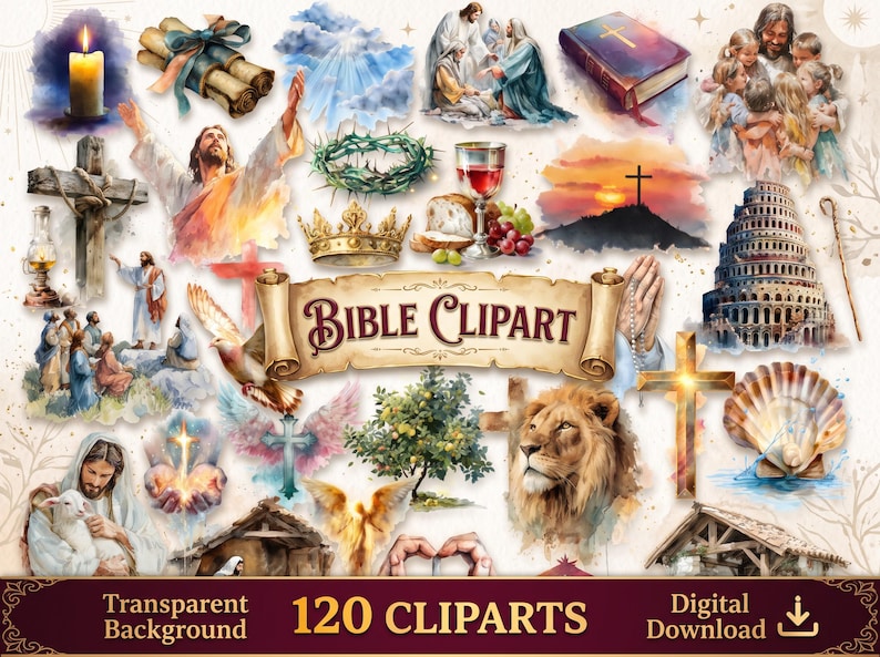 May include: A collection of watercolour-style religious illustrations featuring Jesus, crosses, a crown, a lion, a dove, a Bible, and a scroll with the text BIBLE CLIPART. The set includes 120 digital images with a transparent background.