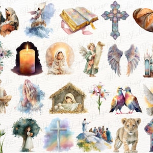 May include: A collection of watercolour illustrations featuring religious and spiritual imagery including a nativity scene, crosses, a burning candle, a loaf of bread, an open bible, a dove, a lion cub, angels, and figures in robes.