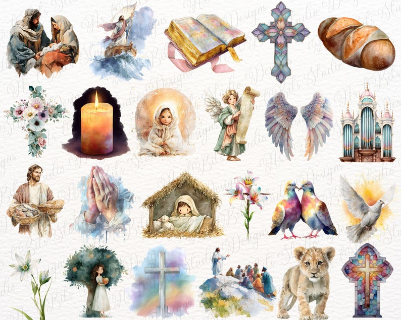 May include: A collection of watercolour illustrations featuring religious and spiritual imagery including a nativity scene, crosses, a burning candle, a loaf of bread, an open bible, a dove, a lion cub, angels, and figures in robes.