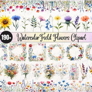 May include: Watercolor clipart featuring a variety of colorful field flowers, including sunflowers, poppies, and lavender. The image includes individual flower illustrations, floral wreaths, and bouquets. Text reads "190+ Watercolor Field Flowers Clipart."