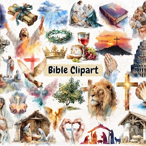 May include: A collection of watercolor illustrations featuring religious themes. Includes images of Jesus, crosses, a dove, a crown, a bible, a lion, and a nativity scene. The text "Bible Clipart" is also present.