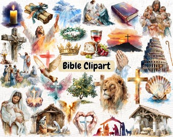 Watercolor Bible Clipart Bundle | Christian PNG Illustrations | Cross, Church, Scripture | Religious Digital Download