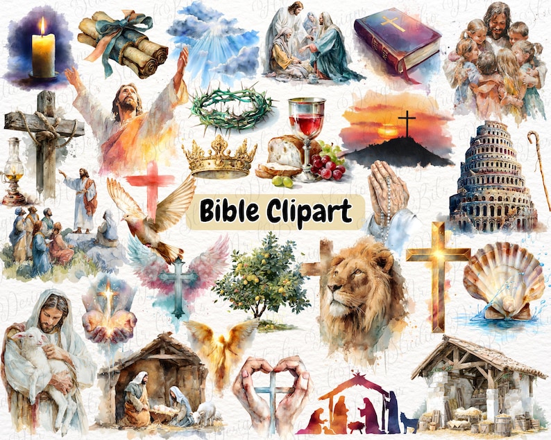 May include: A collection of watercolour Bible clipart illustrations featuring Jesus, a cross, a crown, a dove, a lion, a nativity scene, a shepherd's staff, a chalice, bread, grapes, a shell, and the text Bible Clipart in black font.