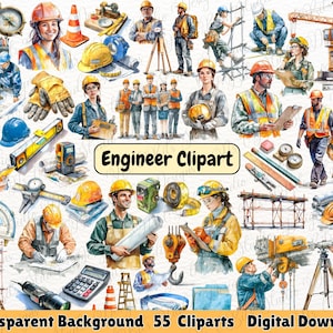 Könnte beinhalten: Eine Sammlung von 55 Clip-Art-Bildern zum Thema Ingenieurwesen. Die Bilder zeigen Bauarbeiter, Werkzeuge und Ausrüstung, darunter Schutzhelme, Baupläne und Vermessungswerkzeuge. Die Farbpalette umfasst Orange, Gelb, Blau und Grau.