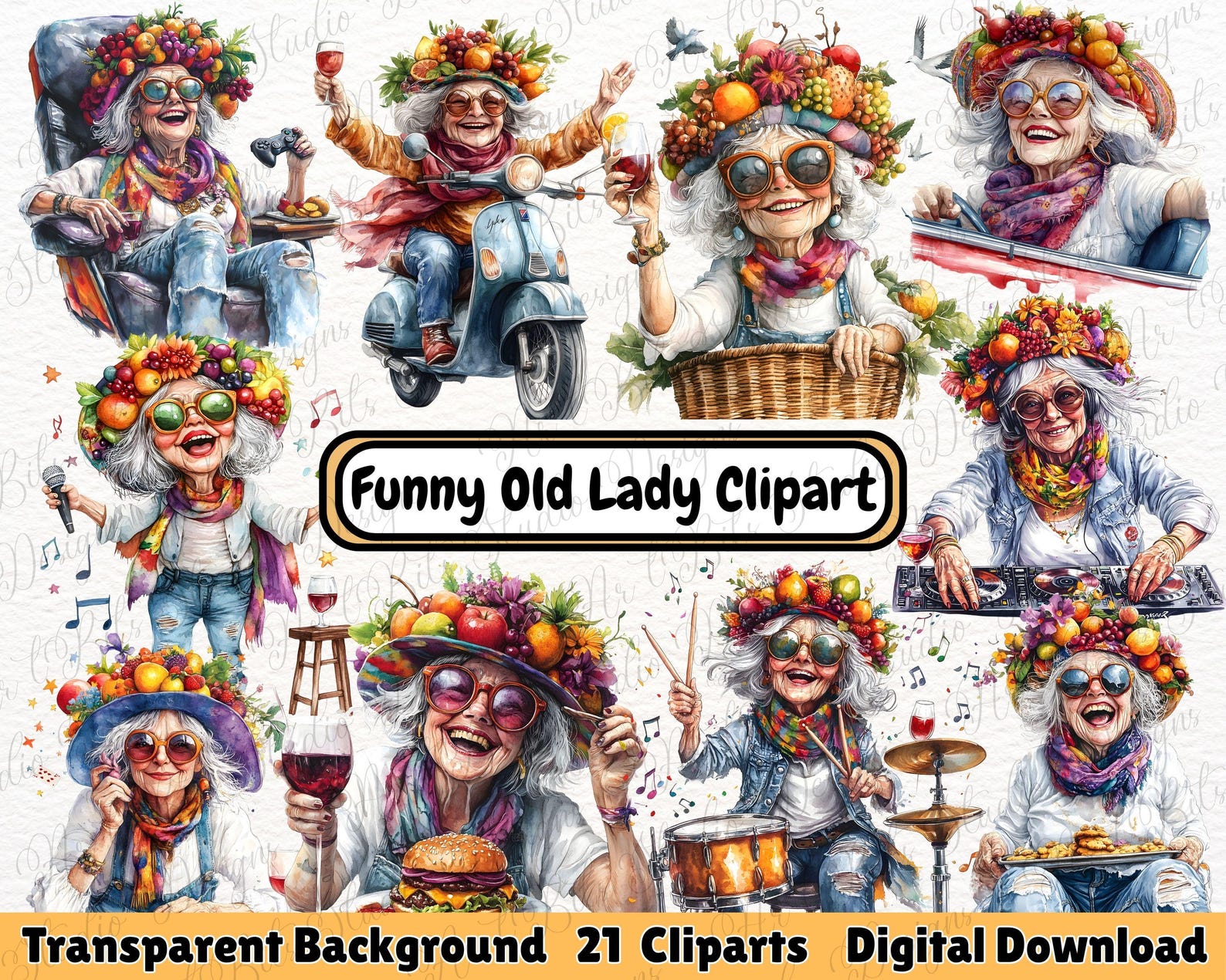 Funny Old Lady Clipart Bundle | Quirky Grandma & Grandpa Watercolor PNG ...