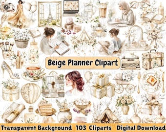 Beige Planner Clipart Watercolor | Boho Neutral Planner PNG | Cozy Workspace Illustrations | Digital Download