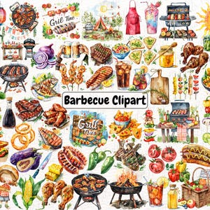 Op de afbeelding: Een verzameling aquarelillustraties met barbecue-items zoals grills, diverse vleessoorten, groenten, spiesen, drankjes en picknickbenodigdheden, met de tekstlabels Gril Time, Barbecue Clipart en Grill Time.
