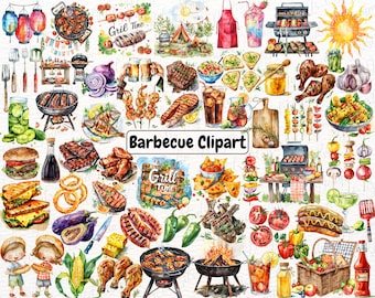 BBQ Party Watercolor Clipart, Barbecue Bundle, Summer Cookout PNG, Sauce, Grill Lovers, Commercial Use