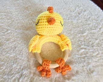Sonajero de bebé personalizado con forma de pollito/pollito de ganchillo, caja de regalo personalizada para baby shower.