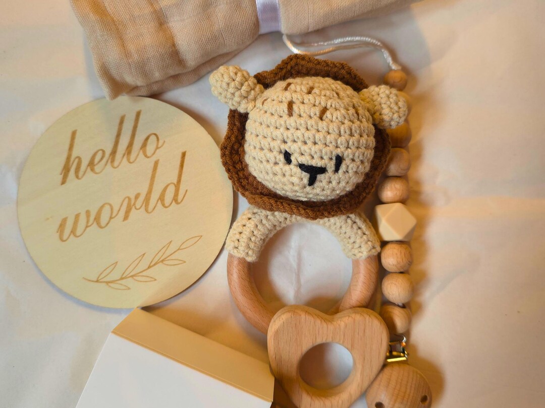 Personalised Crochet Lion Rattle Gift Set: Wood Toys, Muslin Cloth ...