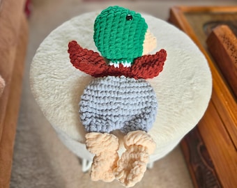 Manta de apego de pato ánade real tejida a crochet, peluche, mantita de seguridad, regalo para baby shower en caja.