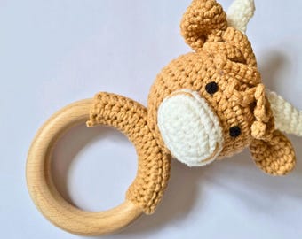 Sonajero de vaca de las Tierras Altas de ganchillo personalizado para bebé, regalo para baby shower