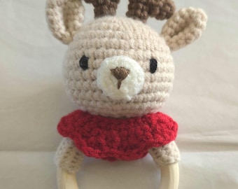 Sonajero navideño de reno de crochet personalizado para bebé (en caja)