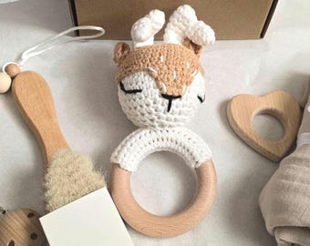 Personalised Baby Shower Gift Set, Crochet Reindeer Rattle, Wooden Toy, Muslin