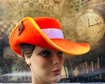 Renaissance Wool Felt Hat: Orange Elizabethan Flat Crown with Ostrich Feathers