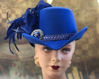 Cobalt Blue Felt Renaissance Hat with Feathers