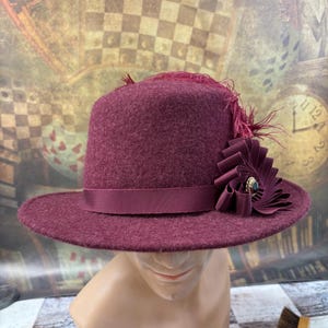 Illyria Hat, Renaissance Hat, Elizabethan Flat Crown Tall Hat in heathered burgundy Wool Felt - In stock ready to ship