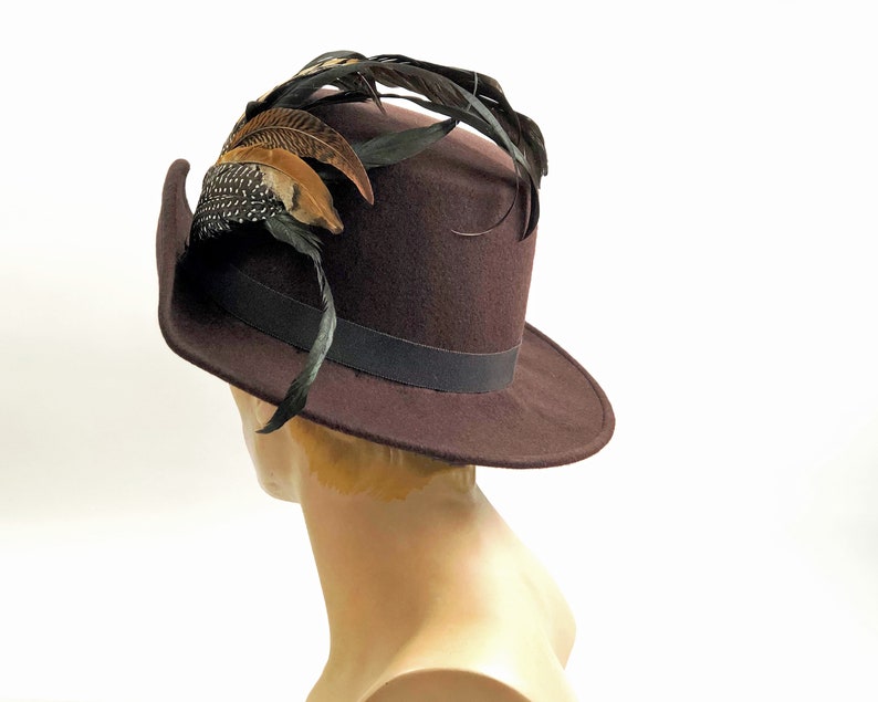 Anjou Hat, Renaissance Hat, Elizabethan Flat Crown Tall Hat in brown Felt with grosgrain trim In stock ready to ship image 4