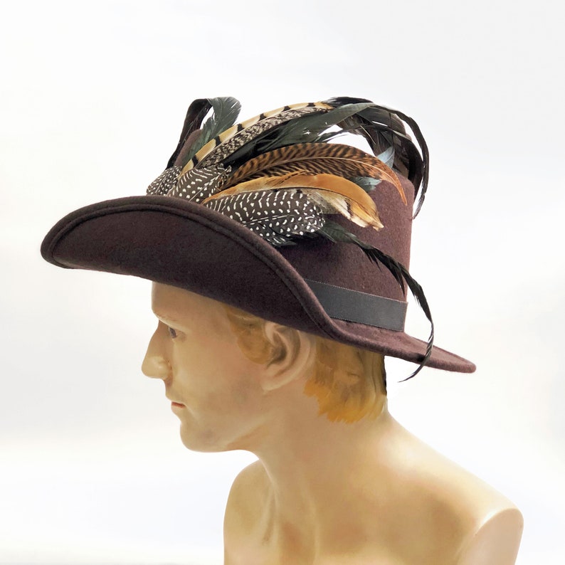Anjou Hat, Renaissance Hat, Elizabethan Flat Crown Tall Hat in brown Felt with grosgrain trim In stock ready to ship image 3