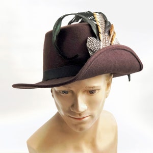 Anjou Hat, Renaissance Hat, Elizabethan Flat Crown Tall Hat in brown Felt with grosgrain trim In stock ready to ship image 7