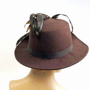 Anjou Hat, Renaissance Hat, Elizabethan Flat Crown Tall Hat in brown Felt with grosgrain trim In stock ready to ship image 5