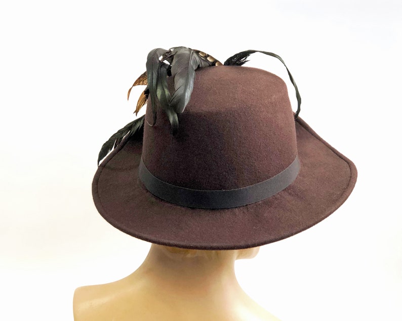 Anjou Hat, Renaissance Hat, Elizabethan Flat Crown Tall Hat in brown Felt with grosgrain trim In stock ready to ship image 5