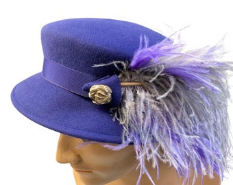 Periwinkle Felt Renaissance Hat, Flat Crown with Feathers