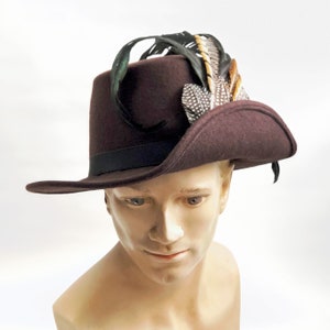 Anjou Hat, Renaissance Hat, Elizabethan Flat Crown Tall Hat in brown Felt with grosgrain trim In stock ready to ship image 1