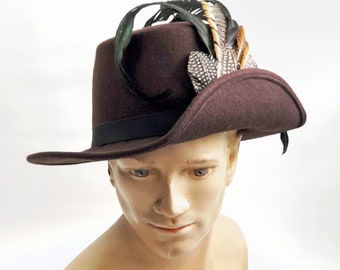 Anjou Hat, Renaissance Hat, Elizabethan Flat Crown Tall Hat in brown Felt with grosgrain trim - In stock ready to ship
