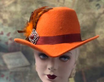 Padua Hat, Elizabethan Renaissance Tall hat in Autumnal Orange Felt - in stock ready to ship