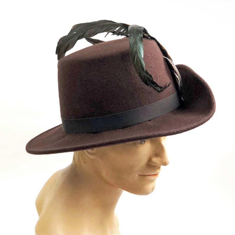 Anjou Hat, Renaissance Hat, Elizabethan Flat Crown Tall Hat in brown Felt with grosgrain trim In stock ready to ship image 6