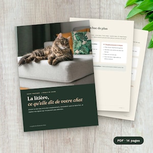 Könnte beinhalten: Ein digitaler Ratgeber mit dem Titel La litière, ce qu'elle dit de votre chat, der eine braune getigerte Katze auf einem grauen Sofa zeigt. Das Dokument enthält Text zur Platzierung und Pflege von Katzentoiletten, mit dunkelgrünem Einband und cremefarbenen Seiten.