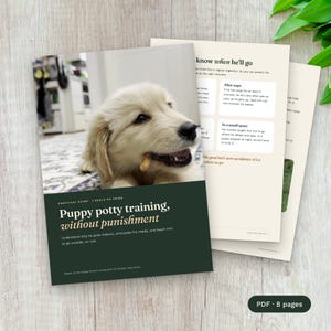 Peut inclure: Un guide numérique intitulé Puppy potty training, without punishment avec un chiot crème sur la couverture. Le document comprend des pages avec du texte sur la façon de comprendre quand un chiot doit sortir, incluant des sections sur les siestes.