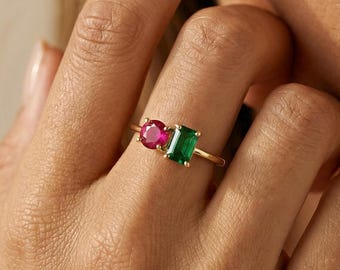 Toi et Moi Birthstone Ring, Custom Baguette & Round Cut Promise Ring, Personalized 2 Birthstones Ring,Couples Jewelry,Christmas Gift For Her