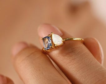 Anillo personalizado Toi et Moi con piedras preciosas, anillo de dos piedras, anillo de ópalo, joyería para parejas, anillo con la piedra de nacimiento de la familia, regalo de San Valentín, regalo para ella.