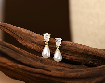 Orecchini con vere perle d'acqua dolce, orecchini pendenti con diamanti e perle, orecchini minimalisti con perle, gioielli con perle, regalo di nozze, regalo per damigella d'onore per lei