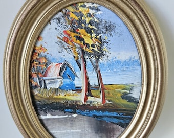 Small Hand-Painted Oil Painting, Oval Gold Frame, Rustic Landscape - Vintage Style Decor