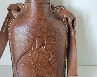 Vintage Leather Wrapped Bottle with Horse Design – Rustic Home Decor, Equestrian Collectible