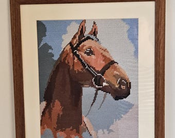 Hand Embroidered Needlepoint Wall Art – Framed Horse Embroidery – Vintage Equine Wall Decor – Equestrian Gift