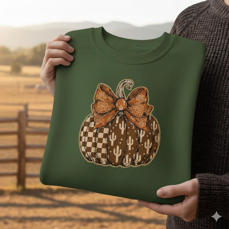 May include: Green sweatshirt featuring a pumpkin design with a bow and cactus details. The pumpkin has a checkered pattern on the bottom and cactus illustrations. The bow is a patterned orange color.