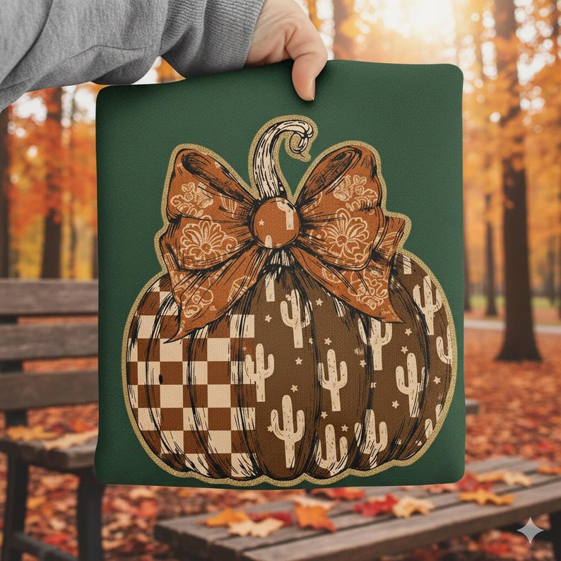 May include: A green pillow with a brown pumpkin design. The pumpkin has a large bow with a paisley pattern, a checkered pattern, and cactus illustrations. The pillow is held by a person.