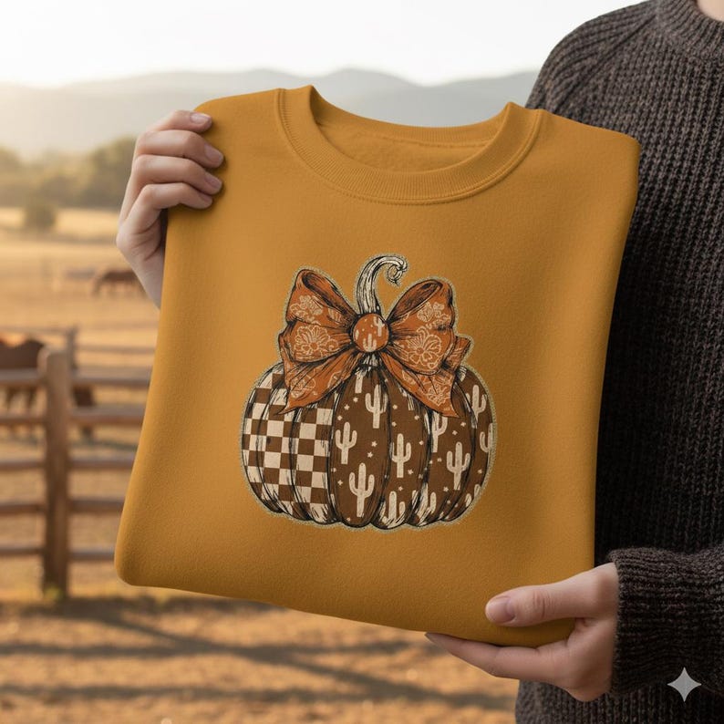 May include: Mustard yellow sweatshirt featuring a pumpkin design. The pumpkin has a brown and white checkered pattern on one side, a cactus pattern on the other, and a large bow. The design is in shades of brown and orange.