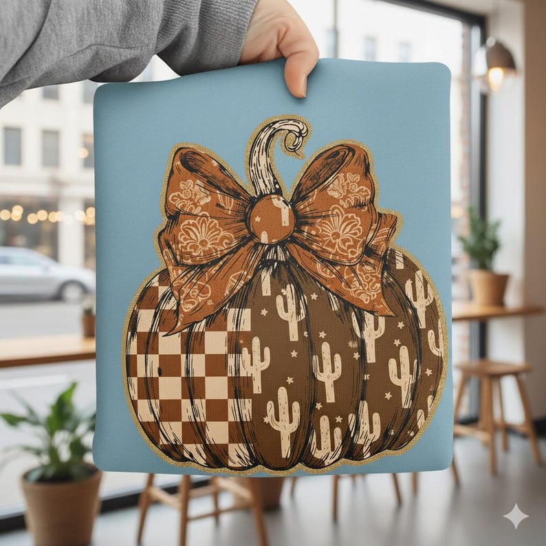 May include: A decorative pillow featuring a brown pumpkin design with a large bow. The pumpkin has a checkered pattern and cactus illustrations. The background is a light blue color.