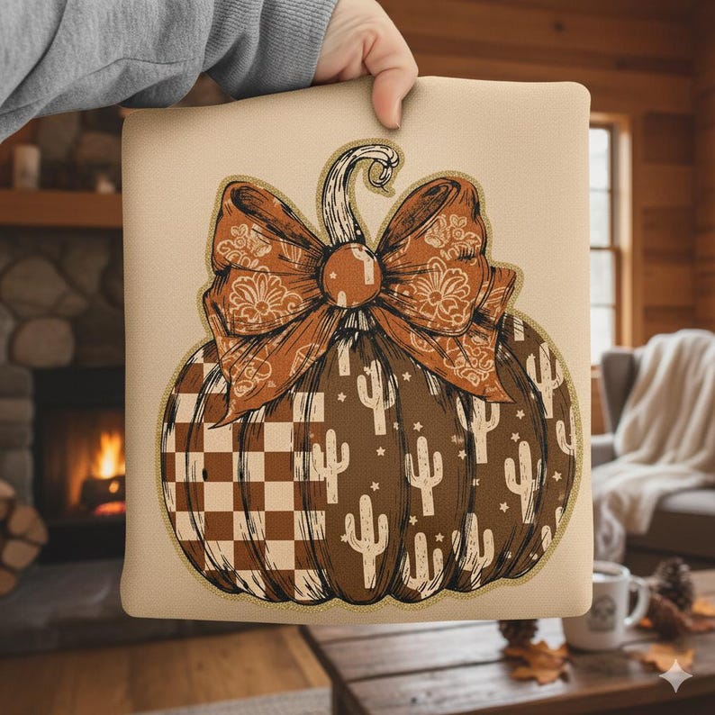 May include: A decorative pillow featuring a brown pumpkin design with a large bow. The pumpkin has a checkerboard pattern and cactus illustrations. The bow is a paisley design in shades of brown and orange. The pillow is held by a person.