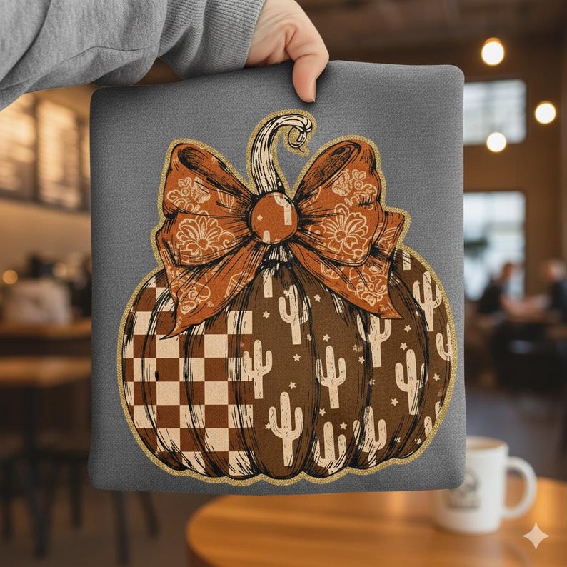 May include: A gray pillow featuring a brown pumpkin design with a decorative bow. The pumpkin has a checkered pattern and cactus illustrations. The bow has a floral design. The pillow is held by a person.