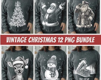 May include: A collection of six gray sweatshirts with vintage Christmas designs. The designs include a Christmas tree, Santa Claus, a reindeer, a snowman, and a train. The text "VINTAGE CHRISTMAS 12 PNG BUNDLE" is displayed.