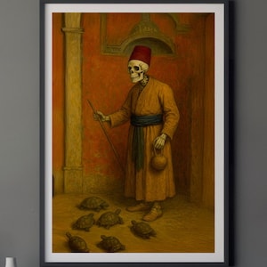 May include: Framed artwork depicting a skeletal figure in a turban and robe, holding a stick, surrounded by turtles. The painting has a warm color palette with orange and brown tones. The artwork is displayed on a dark gray wall.